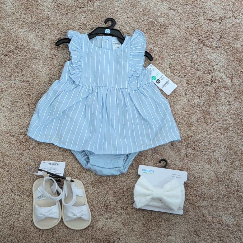 Carter's Blue Striped Dress Set with White Accessories
